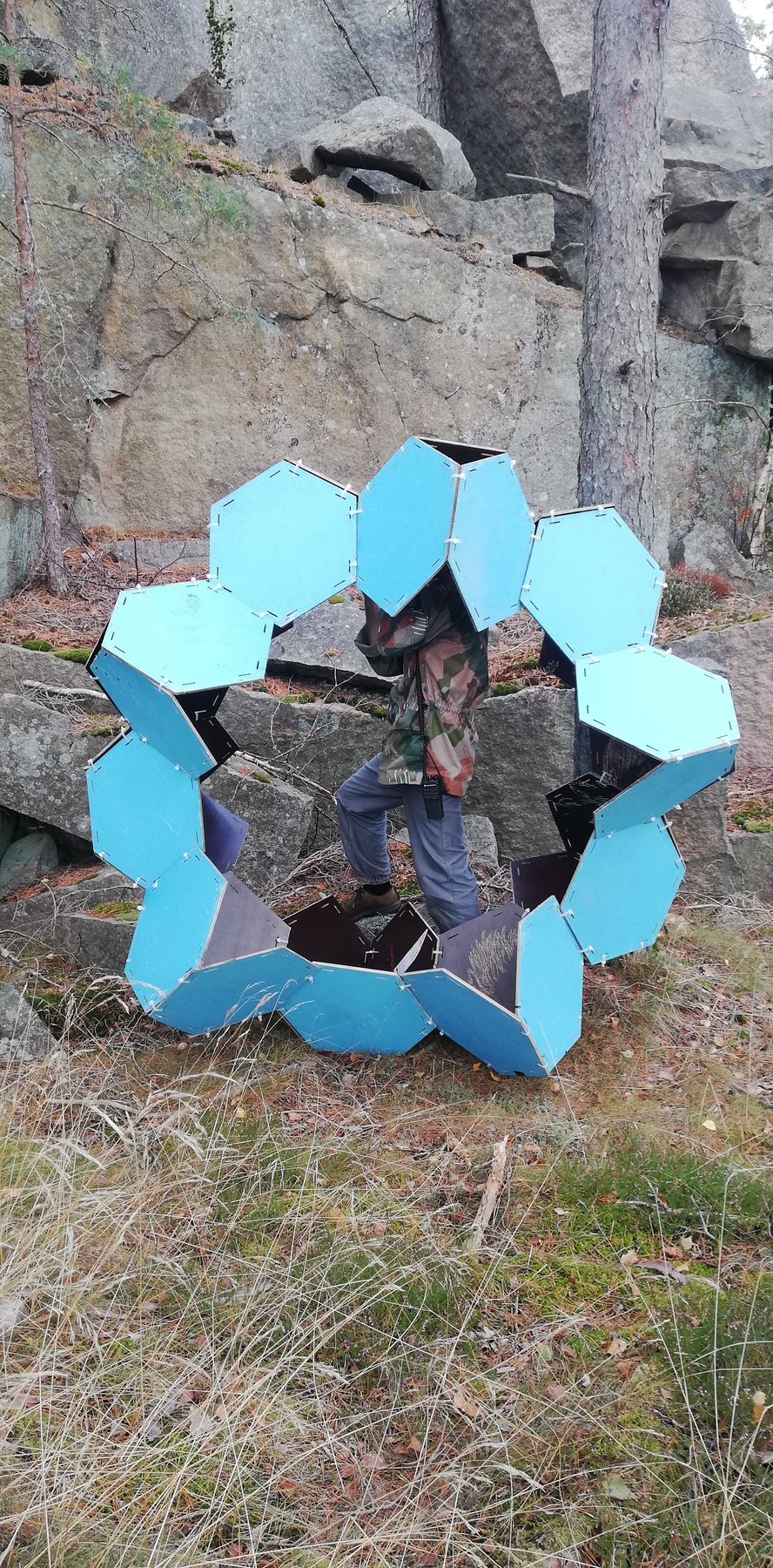 Figure inside the hexagonal panel ring against the granite rock face, Borgåsen
